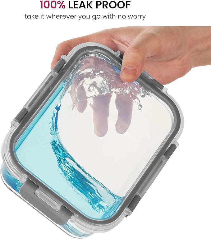 FineDine Glass Meal Prep Containers with Lids - Set of 3 Square 28 Oz Containers - Airtight, Leakproof, Microwave & Dishwasher Safe - Perfect for Snacks, Dips, and Meal Prep