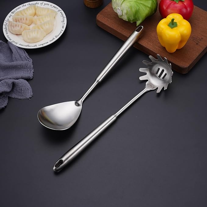 18/10 Stainless Steel Kitchen Utensils Set, 6 PCS All Metal Professional Cooking Utensils, 15" Long Kitchen Tools - Spatula, Ladle, Skimmer Spoon, Pasta Serve, Large Spoon, Slotted Spatula Tunner
