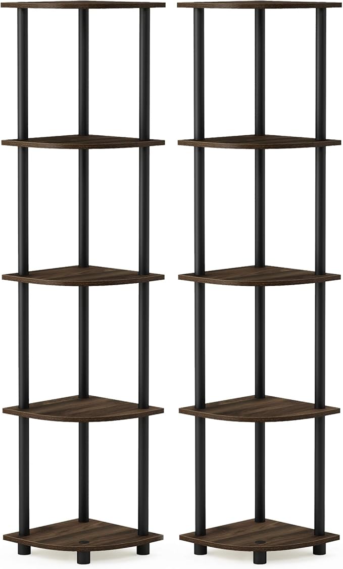 Furinno TURN-N-TUBE Corner Shelf Set of 2, 5-Tier Corner Bookshelf, Open Storage Shelves, for Organization and Storage, Living Room, Home Office, Garage, Columbia Walnut