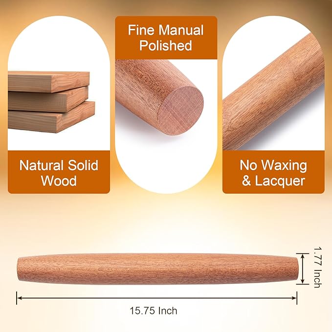 AISOSO French Rolling Pin, 15.75 Inches Wood Rolling Pins for Baking, Extra Long Classic Wooden Dough Roller for Fondant Pizza Pie Crust Cookie Pastry, Kitchen Baking Essentials, Brown