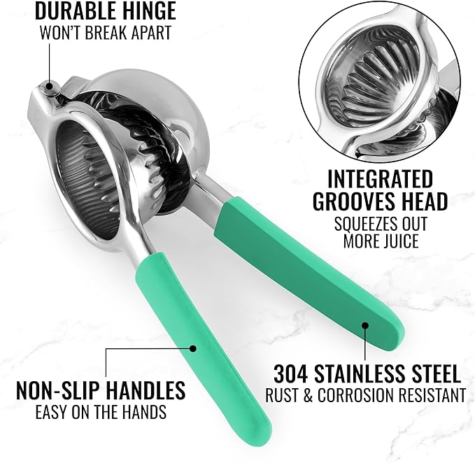 Zulay Kitchen Lemon Squeezer Stainless Steel with Premium Heavy Duty Solid Metal Squeezer Bowl and Food Grade Silicone Handles - Large Manual Citrus Press Juicer and SS Lime Squeezer (Mint)