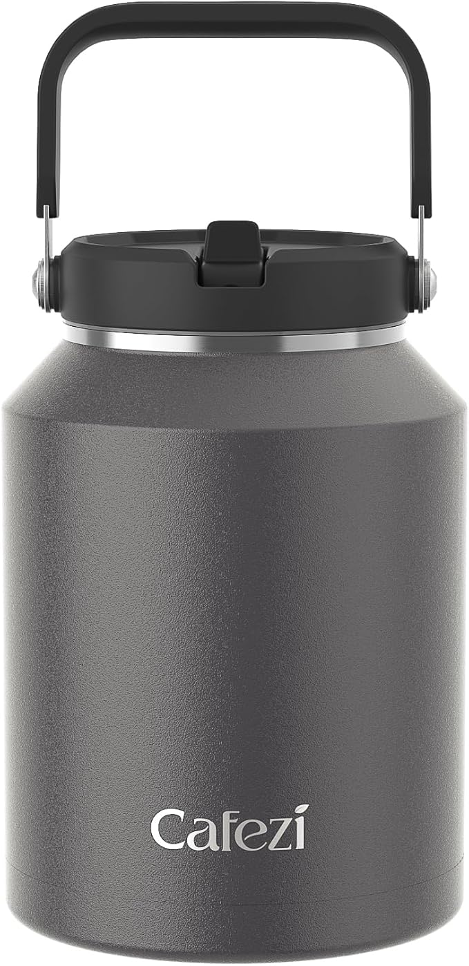 64 oz Insulated Water Bottle, Stainless Steel Water Bottles with Flip Straw and Top Handle, Leak Proof, No Sweat, Iced for 34 Hours, Vacuum Insulated Water Jug for Home, Office, Hiking, Car