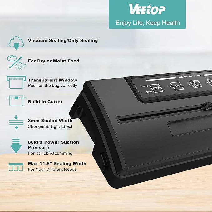 Veetop Vacuum Sealer, Automatic 80kPa Food Sealer Machine with Dry Moist Modes for Food Preservation,1 Vacuum Rolls & 10Pcs Vacuum Seal Bags