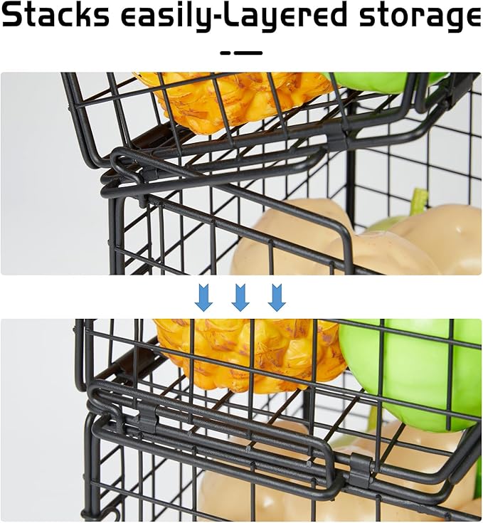 X-cosrack 3-Tier Stackable Wire Baskets for Pantry Organization and Storage, Kitchen Counter Basket for Potato Onion Storage, Fruit and Vegetable Storage Basket, Metal Baskets for Snack Produce Cans