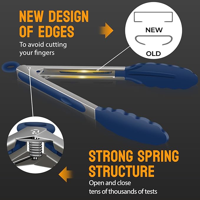 HOTEC Premium 7 & 9 Inch Kitchen Tongs, Stainless Steel Locking Cooking Tongs with Silicone Tips, Non-Scratch & Heat Resistant, Serving Tongs for Salad, BBQ, Classic Blue, Set of 2