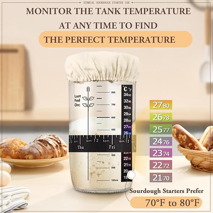 Sourdough Starter kit, 34OZ Sourdough Starter Jar with Date Marked Feeding Band, ThermometerCloth Cover & Metal Lid, Reusable Sourdough Bread Baking Supplies, Home Baking Gifts