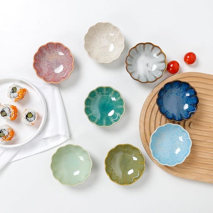 Dipping Bowls Set of 8, Ceramic Soy Sauce Dishes, 3 oz Dipping Sauce Cups, chrysanthemum Round Small Side Dish Dishes for Dipping Sushi Tomato Soy Sauce Dish Condiment Finger Bowls