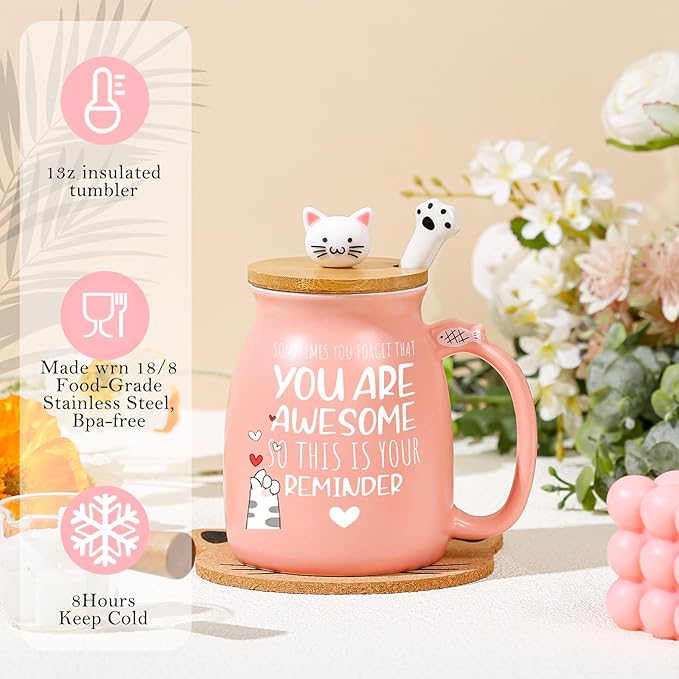 BigNoseDeer Thank You Gifts for Women Cute Cat Coffee Mug Birthday Friendship Christmas Gift for Women Female Mom Cat Lovers Present Kawaii Stuff Funny Tea Cup Stocking Stuffers White Elephant Gifts