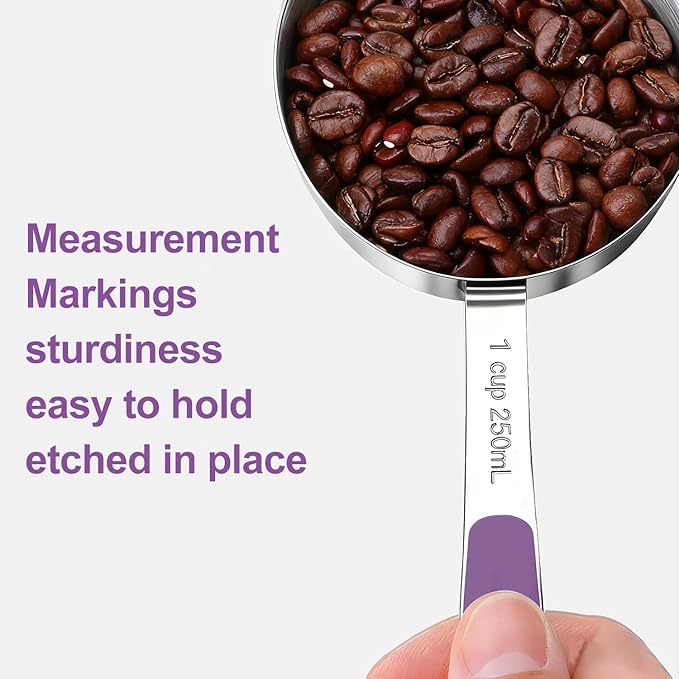 Measuring Cups and Spoons Set Stainless Steel 10 Piece for Cooking and Baking (5 Cups + 5 Spoons, Purple Handle)