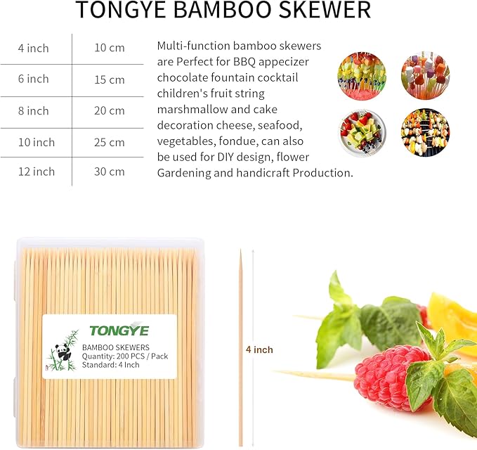 [200 PCS] 4 inch Bamboo Skewers, Premium Wooden Skewers without Splinters, Skewers for Appetizer, Fruit Kabobs, Chocolate Fountain, Burger, Cocktail Toothpicks, and Food Skewer Sticks.