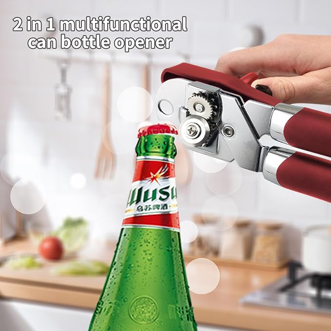 Can Opener Manual, Handheld Strong Heavy Duty Stainless Steel Can Opener, Comfortable Handle, Sharp Blade Smooth Edge, Can Openers with Multifunctional Bottle Opener, Red