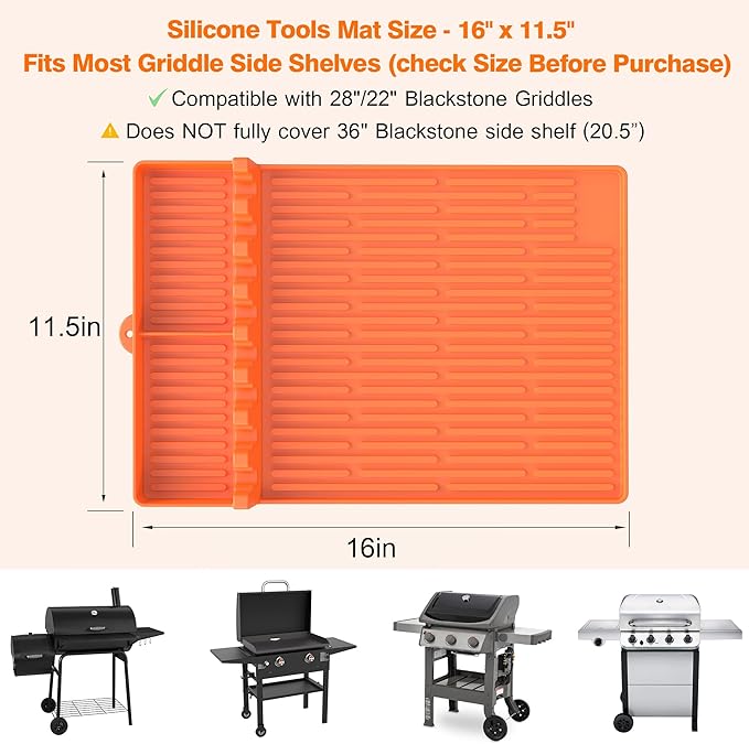 Silicone Griddle Tools Mat for Blackstone - Large Silicone Spatula Mat with Drip Pad - Griddle Mats BBQ Grill Accessories - Side Shelf Mats Grill Pad for Blackstone Griddles Accessories (Orange)