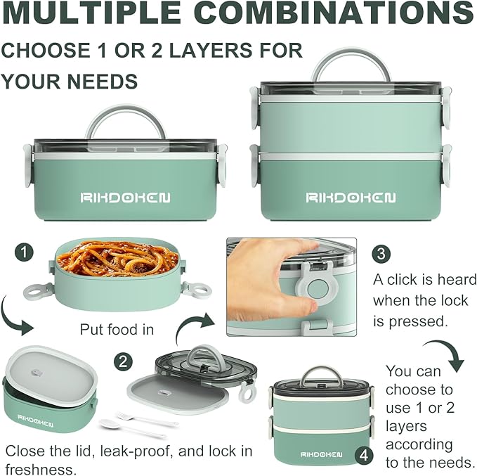 Lunch Box, Stackable 2 Layers Containers, Portable 64OZ Large Capacity Leakproof Bento Box with Spoon & Fork & Sauce Boxes, Microwave Safe Lunch Box for Kids and Adults