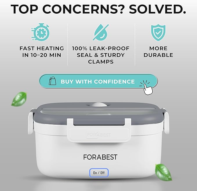 FORABEST Heated Lunch Box, 80W Electric Lunch Box for Adults, Portable Food Warmer with 1.5L Stainless Steel Container, Utensils & Carry Bag, On/Off Switch, 12V/24V Car/Truck & 110/120V Home/Office