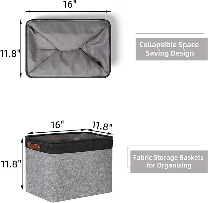 HNZIGE Large Storage Baskets Fabric Cloth Tall Baskets for Shelves[2 Pack] Foldable Organizer Bins 16" X 11.8" X 11.8" Decorative Storage Basket Black Storage Bin for Organizing Closet Toy(Black&Gray)