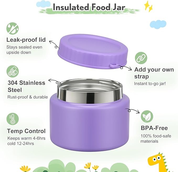 Lunch Box Kids with 5 Compartments, Insulated Food Jar & Utensil & Sauce Container & Lunch Bag & Silicone Collapsible Cup, Leak Proof Bento Box, BPA-Free & Dishwasher Safe-Purple
