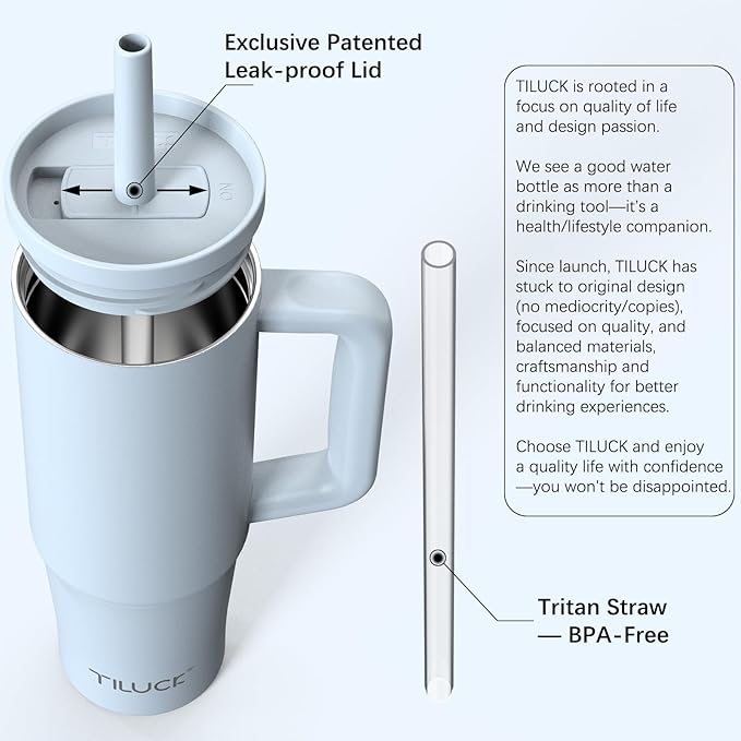 TILUCK 30 oz Tumbler with Handle, Vacuum Insulated Stainless Steel Travel Mug with 100% Leak-Proof Silicone Straw Lid, Cupholder Friendly Water Bottle(LightBlue, 30oz)
