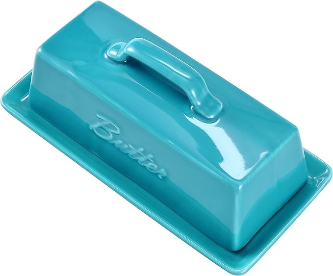 Bruntmor Porcelain Butter Keeper With Handle Cover, French Butter Dish Ceramic Butter Holder Container for Countertop, Butter Dish with Lid, Teal