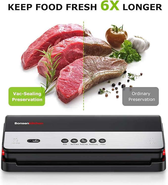 Bonsenkitchen Vacuum Sealer Machine, Multi-Functional Food Sealer with 1 Roll Bag, Bag Storage | Built-in Cutter, Black-Silver