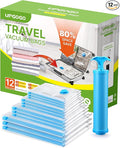 Vacuum Bags for Travel, 12 Pack with Hand Pump, Space Saver Vacuum Storage Bags, Travel Essentials, Clothes, Blankets, Pillows