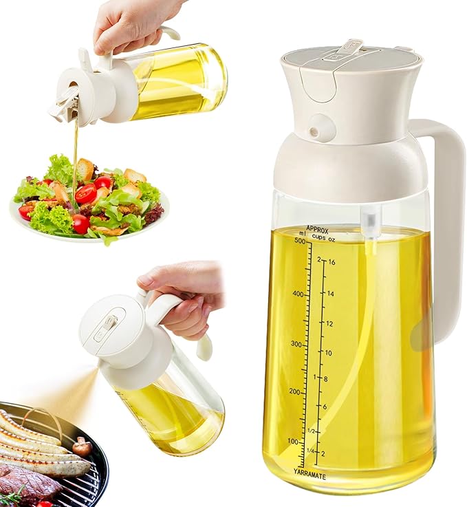 YARRAMATE Large Capacity 2 in 1 Oil Sprayer for Cooking with Measuring, 18oz/550ml Olive Oil Dispenser for Kitchen, Food-grade Oil Spritzer Bottle for Air Fryer, Salad BBQ (Creamy White)