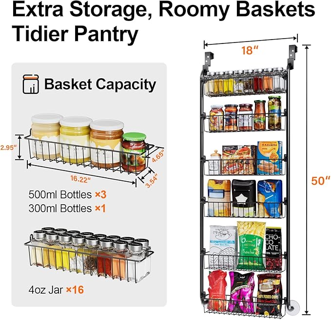 Delamu Over the Door Pantry Organizer, 6-Tier Metal Pantry Door Organization and Storage, Hanging Kitchen Basket Spice Rack Seasoning Shelves, Cabinet Door Organizer for Easy Install,D5xW18xH50inch