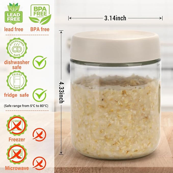 EONJOE 4-Pack Overnight Oats Containers with Lids 16oz Glass Mason Jars Meal Prep Salad Food Cereal Snacks Pudding Yogurt Storage