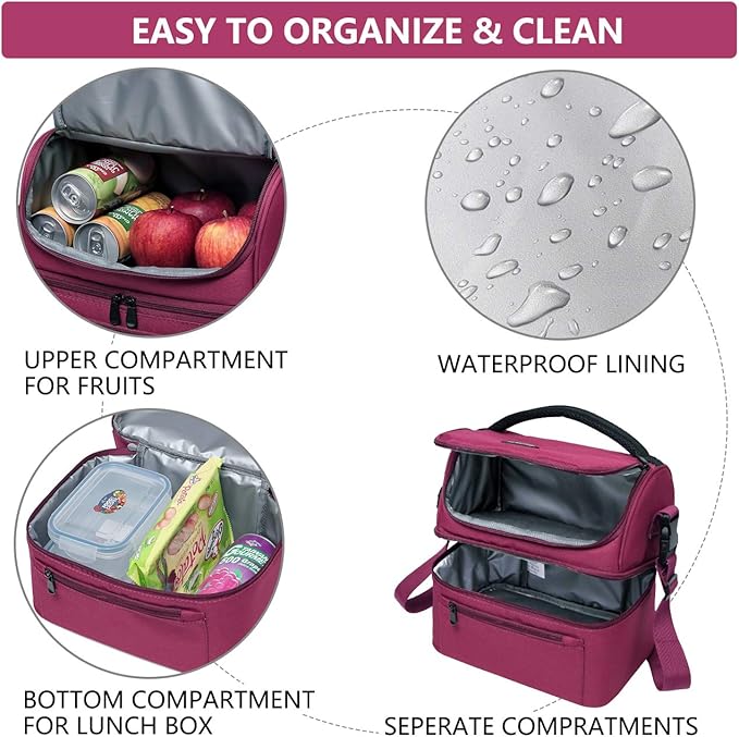 VASCHY Lunch Bag, Insulated Lunch Box Leak-proof Cooler Bag in Dual Compartment Lunch Tote for Men, Women, 14 Cans (Burgundy)