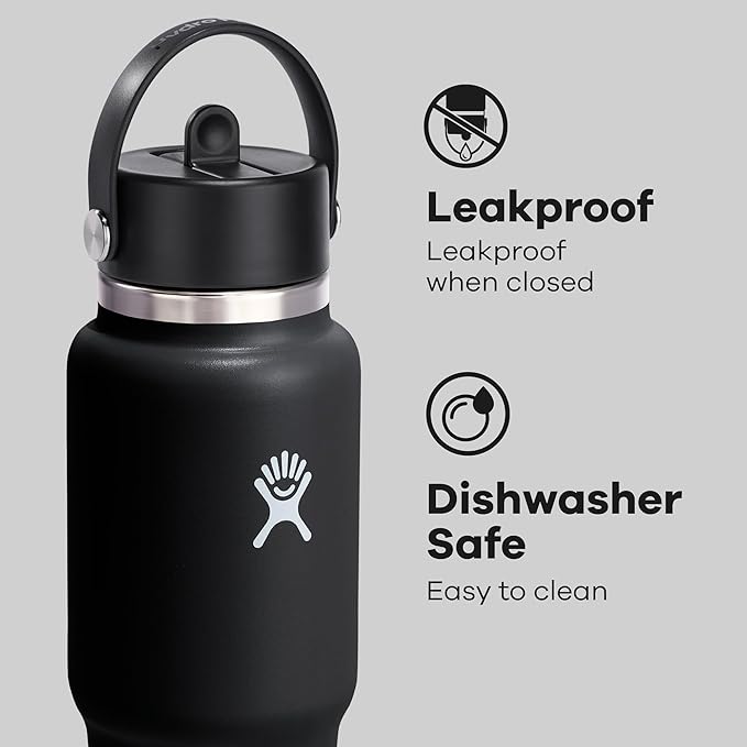 Hydro Flask Travel Water Bottle - Insulated Stainless Steel - Wide Straw Lid, Non Spill, Leakproof in 32 Oz Black