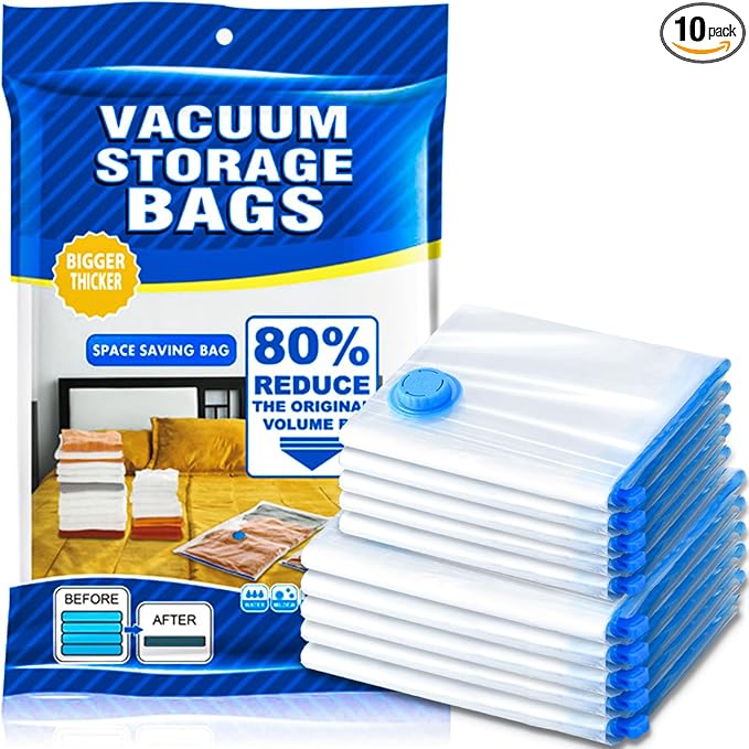 SZO 10 Pack Vacuum Storage Bags (5 Large/5 Medium),Durable & Reusable Storage Bags,Vacuum Seal Bags For Clothing Travel, Space Saver Bags For Luggage, Blankets,Bedding,Moving Bags（No Pump Include）