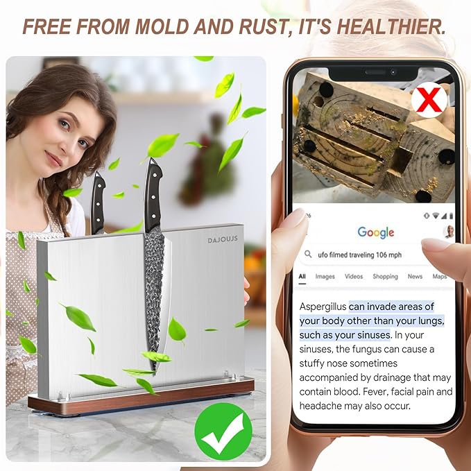Magnetic Knife Holder, Stainless Steel Magnetic Knife Block without Knives, Strong Double Sided Magnet Knife Storage Strip with Wood Base for Kitchen Counter-Silver