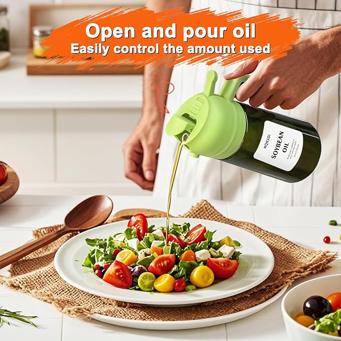 Oil Sprayer for Cooking, 2 in 1 Olive Oil Dispenser Bottle for Kitchen, 16oz/470ml Premium Glass, Food-grade Oil Mister for Air Fryer, Salad, Frying, BBQ (Green + Dark Green Bottle)