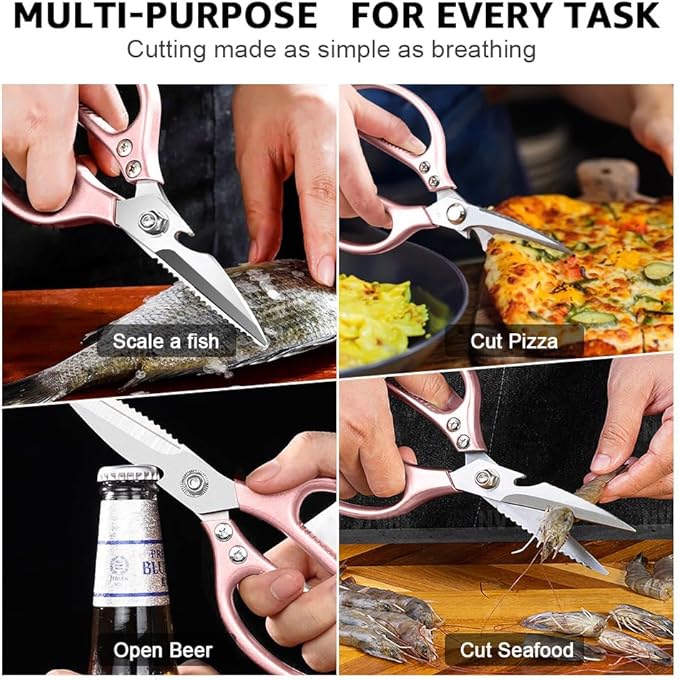 2 Pack ONEBOM Kitchen Shears,Kitchen Scissors Heavy Duty Serrated Blade for Cutting Meat, Food, Fish, Poultry Sharp Scissors, Apartment Kitchen Accessories,Gift Herb Scissor(Rose Glod)
