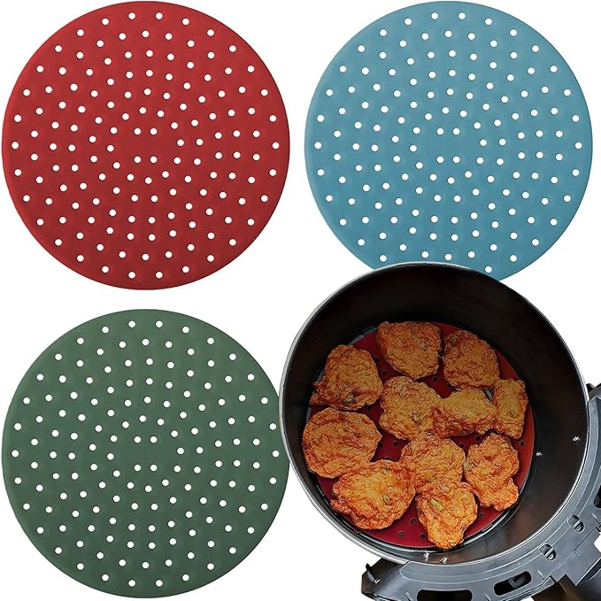 Reusable Round Silicone Air Fryer Liners (9 Inch, 3 Pack) by Linda’s Essentials - Non-Stick, Easy-Clean Accessories with Cheat Sheet & Recipe Book, Perfect for Quick Meals