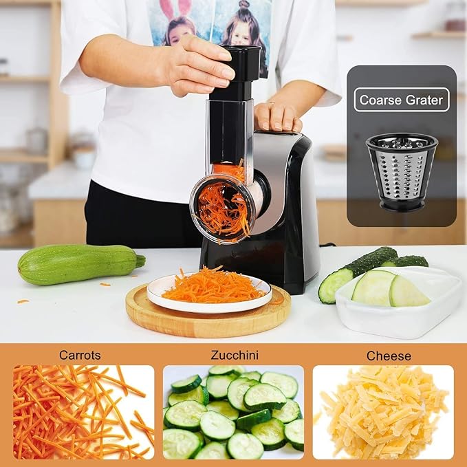 Homdox Electric Salad Maker, Professional Slicer Shredder Greater Electric Cheese Grater Salad Maker Machine Carrot Slicer with 4 Stainless Steel Rotary Blades, One-Touch Control, 150W