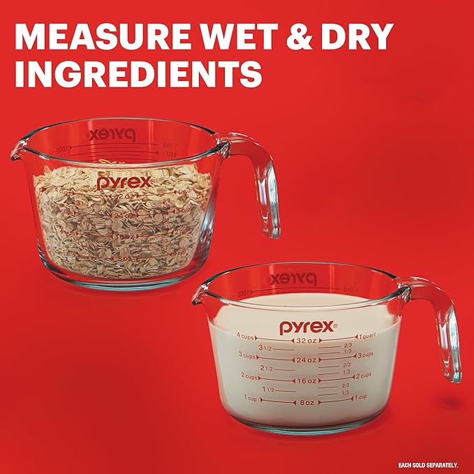 Pyrex Essentials (3-Pack) Glass Measuring Cups Set, (1, 2 & 4 Cup) Measuring Cups For Prepping, Baking and Cooking, Preheated Oven, Dishwasher, Freezer, and Microwave Safe
