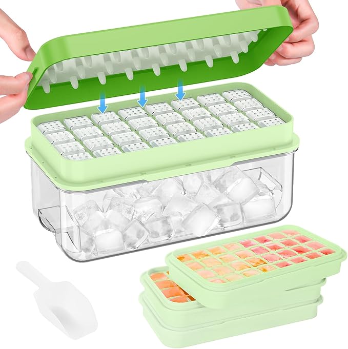 PHINOX Ice Cube Tray with Lid and Bin, 3 Pack Plastic Ice Cube Tray Molds, 96(4 * 8 * 3) pcs Ice Trays for freezer, Chilling Drinks, Whiskey & Cocktails, with Ice Container and Ice Scoop, BPA-Free