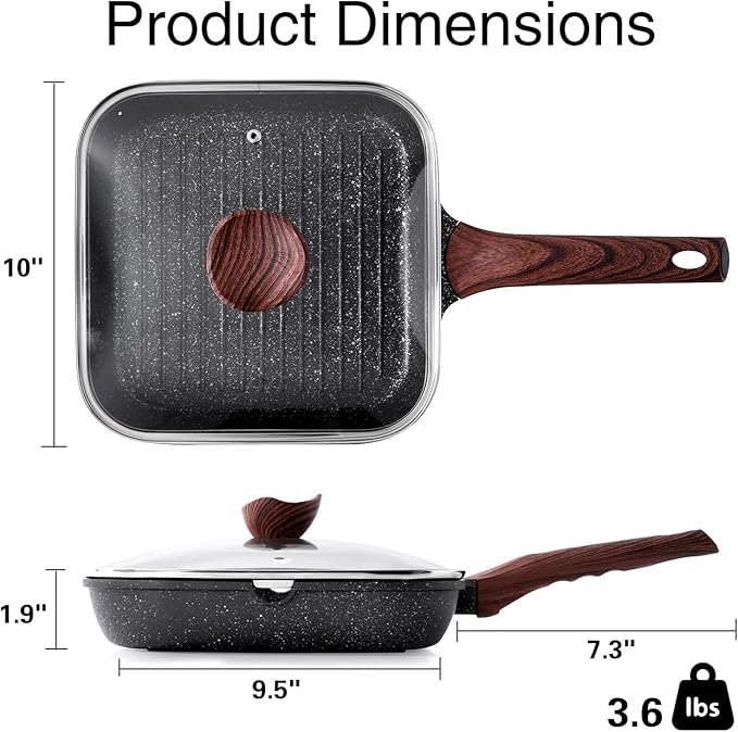 Kordisen Nonstick Grilling Pan with Lid for Stove Tops, 9.5 Inch Square Grill Pan for Indoor Cooking, Granite Coating Grill Skillet with Pour Spouts, Versatile Griddle, Induction Steak Pan, PFOA Free