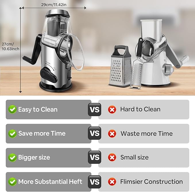 Airpro Rotary Cheese Grater with Handle - Vegetable Shredder with 3 Stainless Steel Blades & Strong Suction Base,Round Mandoline Slicer & Food Chopper for Kitchen