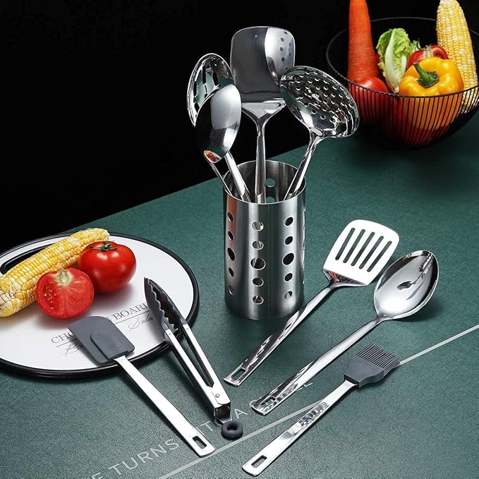 Stainless Steel Cooking Utensils Set, Berglander 13 Pieces Kitchen Utensils Set, Kitchen Tools Set With Utensil Holder Non-Stick And Heat Resistant,Dishwasher Safe, Easy to Clean (13 Packs)