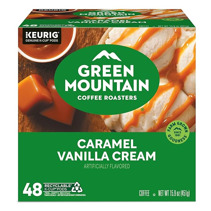 Green Mountain Coffee Roasters Caramel Vanilla Cream, Single-Serve Keurig K-Cup Pods, Flavored Light Roast Coffee Pods, 48 Count