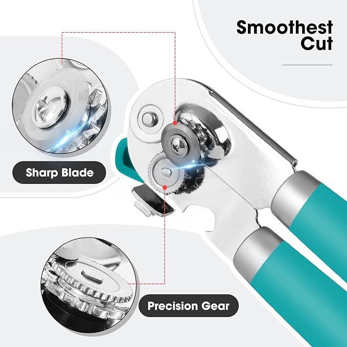 Beneno Heavy Duty Hand Can Opener Manual with Magnet, Durable Sharp Carbon Steel Blade Smooth Cutting, Big Effort-Saving Knob & Soft Grip Handle, Multifunctional Bottle Opener, Turquoise
