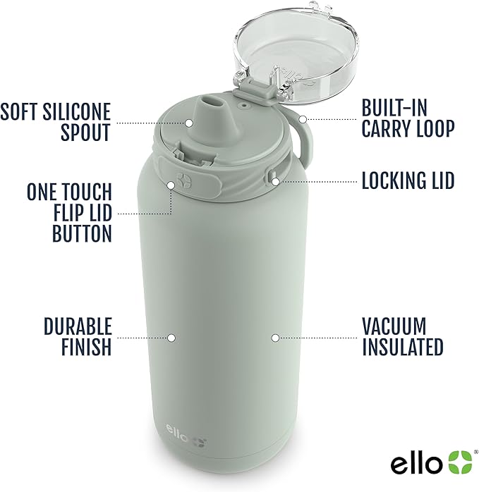 Ello Cooper 22oz Stainless Steel Water Bottle with Straw and Carry Handle, Double Walled and Vacuum Insulated Metal, Leak Proof Locking Lid with Soft Silicone Spout, Reusable, BPA Free, Sage