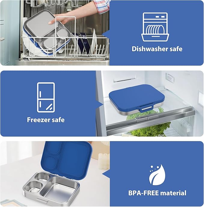 Stainless Steel Bento Lunch Box for Kids | 3-Compartment Lunch Box Container Kids | 100% Leakproof, Eco-Friendly, Perfect Portion Control for Kids&Adult Healthy Meals (Blue)