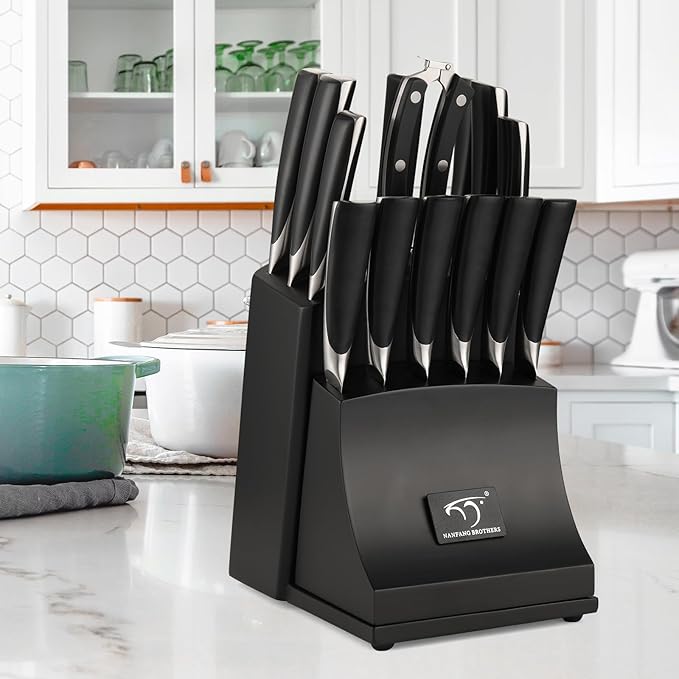 NANFANG BROTHERS Damascus Kitchen Knife Set, 15-Piece with Block, ABS Ergonomic Handle, Carving Fork, Disconnect-type Knife Block (Black)