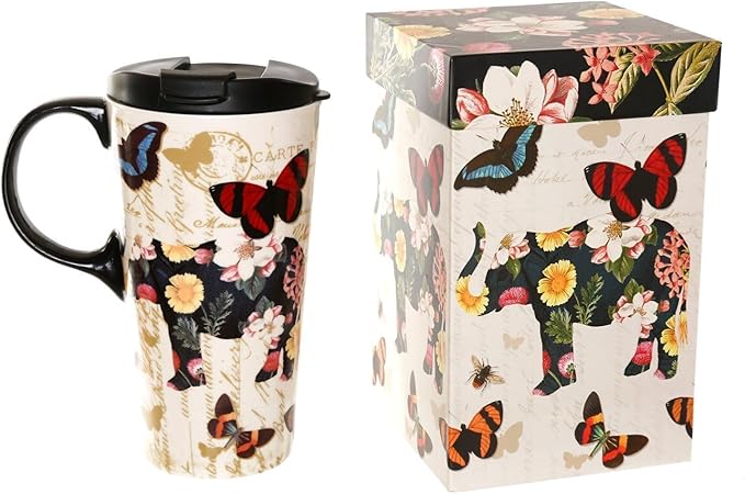 Topadorn 17oz Ceramic Travel Coffee Mug with Sealed Lid Tea Cup with Color Box, Microwave & Dishwasher Safe Unique Mug, Holiday Gift Her Him, Flower & Butterfly