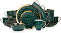 Stone Lain Florian Modern Porcelain Dish Set, 32-Piece Dishes for 8, Gold and Green (Porcelain Dinnerware Set)