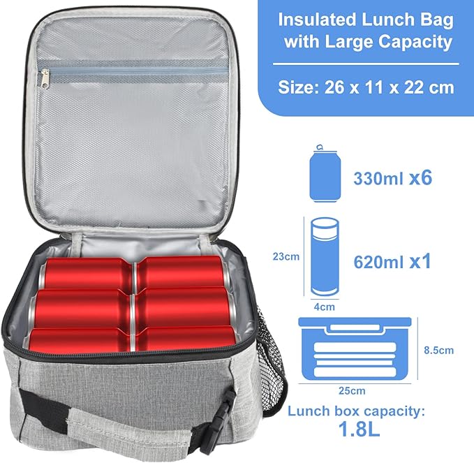 Insulated Lunch Bag, Leakproof Portable Lunch Box for Women Men Boys Girls, Large Capacity Cooler Bag with Handle and Bottle Pocket for Office School Camping Hiking Outdoor Beach Picnic (Grey)