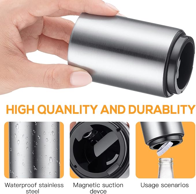 2PCS Premium Beer Bottle Opener, Automatic Stainless Steel Quick Pop the Top Can Openers by Magnet Catching No Damage Caps, Wine Accessory Push Down Off Magnetic Bartender Tool for Home Picnic Camping