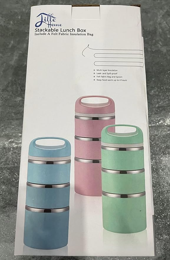 Lille Home Stackable Stainless Steel Thermal Compartment Lunch/Snack Box, 3-Tier Insulated Bento/Food Container with Lunch Bag, Utensils Set and Three Extra Seals, 43OZ
